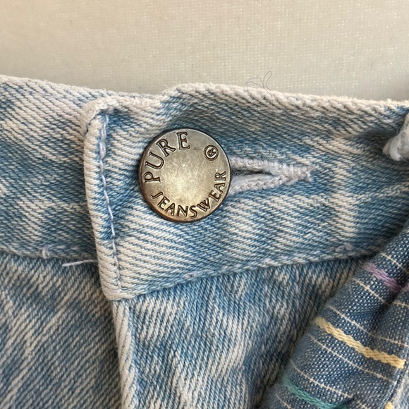 Vintage 80s 90s Acid Wash Denim and Pastel Stripes Knee Length Flowy Skirt - Picture 3 of 9